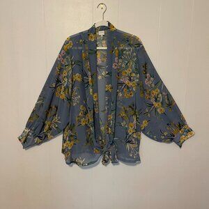 Pleione Size 3X/4X Blue/Yellow Floral Sheer Cuffed Sleeve Blouse